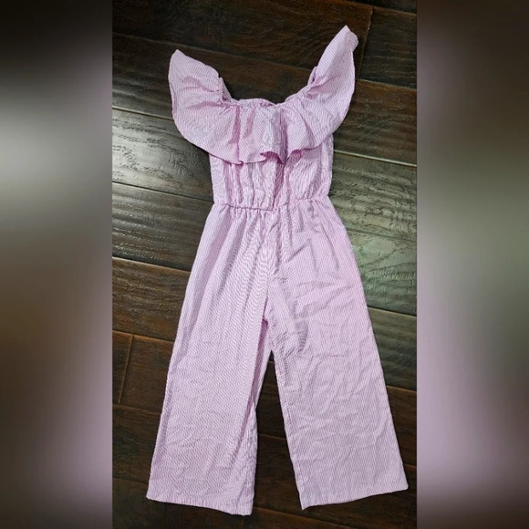 SHEIN Other - Girls Ruffle Trim Pink Striped Pant Bodysuit